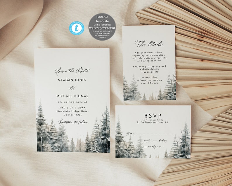 Tree Invitation Creative Rustic Winter Trees Wedding Invitation Set, Pine Trees Invitation ...