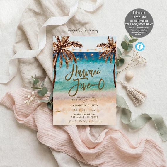 Hawaii Five-O beach Birthday Invitation, tropical 50th birthday Editable Template (5x7), Templett