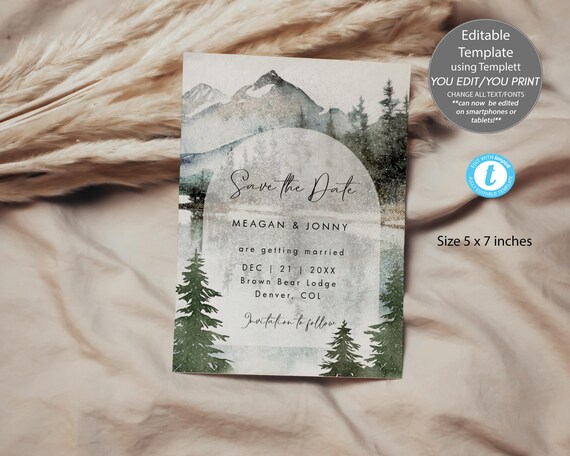 Winter Mountain Wedding Save the Date Template, Rustic Lake (5x7, You Edit)