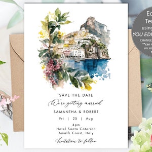 Amalfi Coast save the date editable template, printable Italy save the date invitation, Italy save the date editable invitation, templett