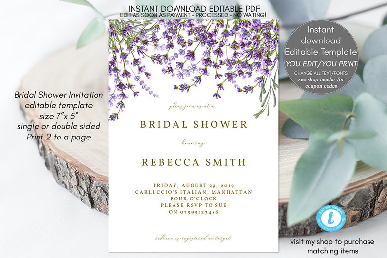 Lavender bridal shower invitation editable invitation Etsy