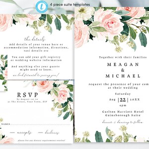 pink blush floral wedding invitation printable, floral wedding invitation set printable, editable wedding invitation template set, templett