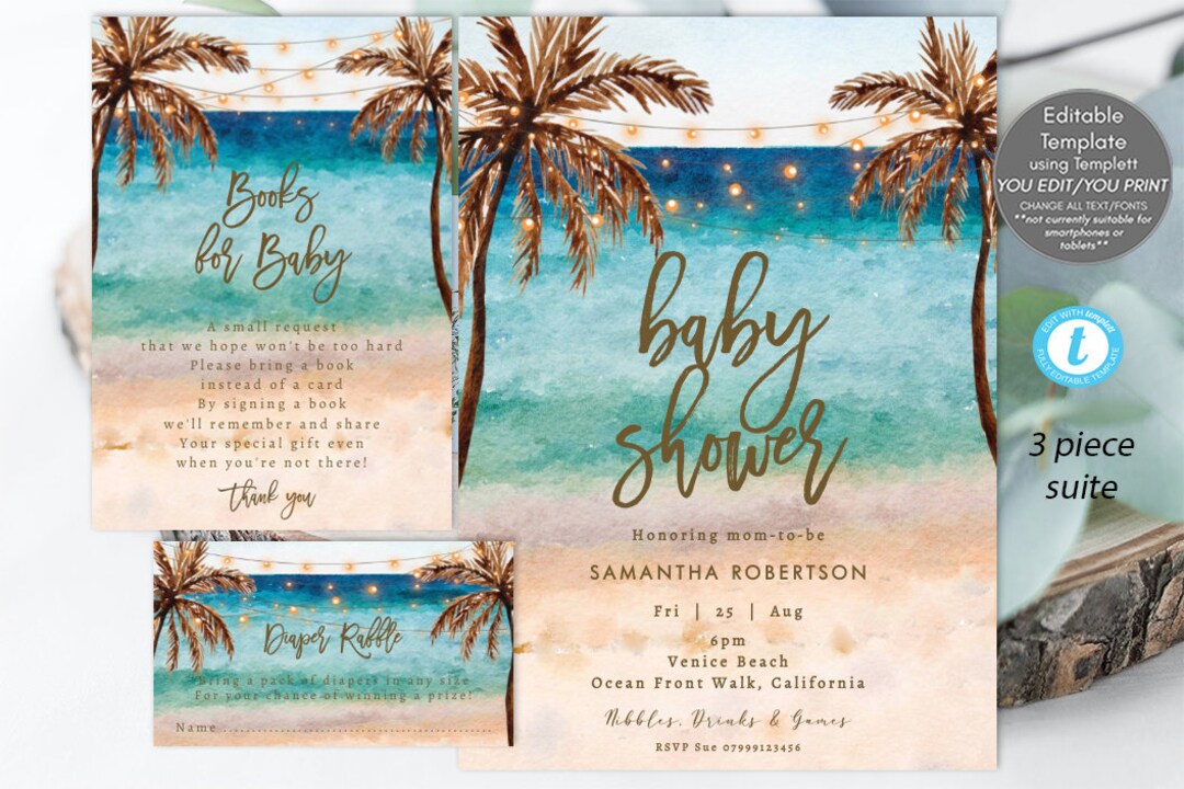 Editable Beach Baby Shower Invitation Set, Beach Baby Shower Template Set, Tropical Baby Shower