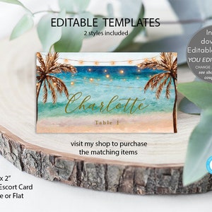 tarjetas de lugar editables de playa, tarjetas de lugar de playa editables, plantilla de playa editable, tarjetas planas o dobladas, templett, 3.5x2", editas, imprimes