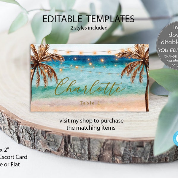 beach editable place cards, beach placecards editable, editable beach template, flat or folded cards, templett, 3.5x2", you edit, you print