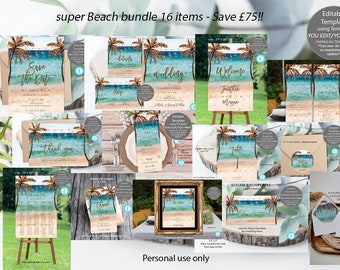 Può includere: Un set di cancelleria digitale per matrimoni con tema spiaggia tropicale, palme, onde del mare e luci a festone. Il set include modelli modificabili per partecipazioni, inviti, cartelli di benvenuto, menu e segnaposti per eventi.
