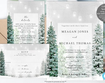 winter wedding invitation set editable templates, forest trees wedding invitation printables, rustic christmas invitation template, templett