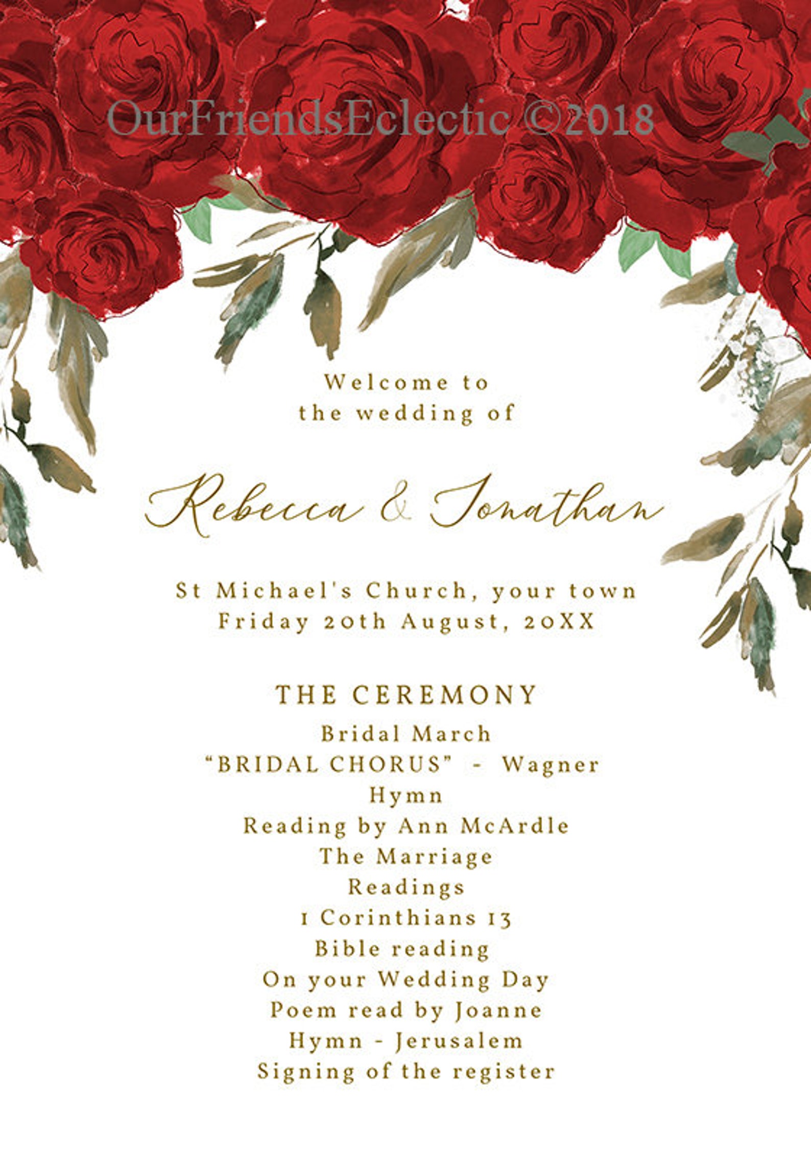 Red Roses Wedding Program, Editable Wedding Program Fan Template ...