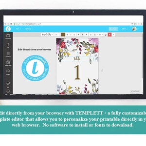 Pu&ograve; includere: Uno schermo del computer che mostra un modello di numero di tavolo da matrimonio floreale con il testo "Tavolo 1" in lettere dorate. Il modello &egrave; personalizzabile tramite il sito web TEMPLETT.