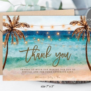 tropical beach flat thank you card editable template, printable beach thank you card, editable thank you card, templett, 7x5, you edit