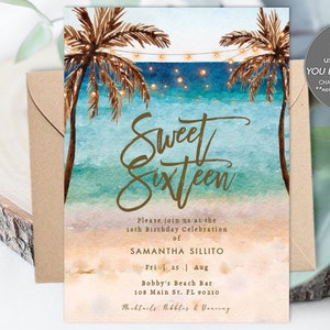 sweet 16 beach invitation printable, editable sweet 16 beach invitation template, sweet sixteen birthday invitation, 5x7, Templett, you edit