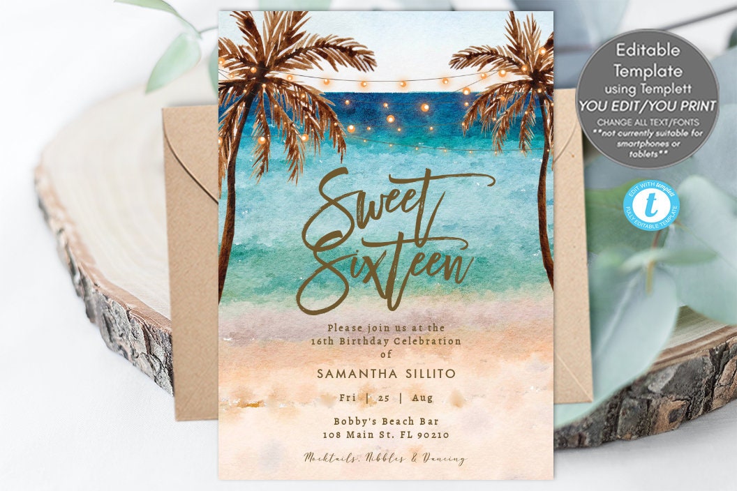 Sweet 16 Beach Invitation Printable, Editable Sweet 16 Beach Invitation  Template, Sweet Sixteen Birthday Invitation, 5x7, Templett, You Edit - Etsy
