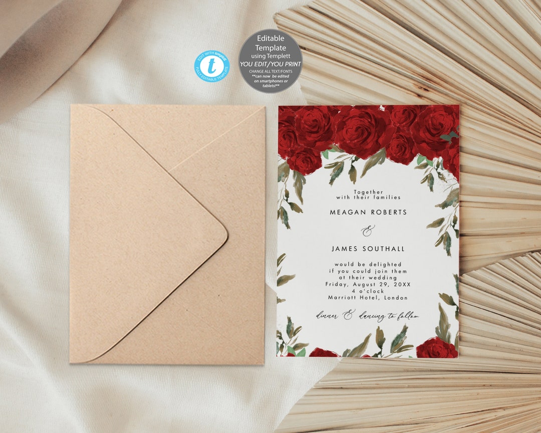 Red Roses Wedding Invitation, Printable Wedding Invitation, Floral ...