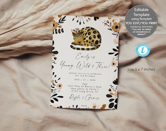 Young wild and three 3rd birthday invitation printable, leopard young wild & three baby birthday invitation template, 5x7, Templett
