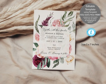bordeaux blozen bloemen huwelijksuitnodiging, afdrukbare huwelijksuitnodiging, bloemen huwelijksuitnodiging bewerkbare sjabloon, Templett bruiloft, 5x7