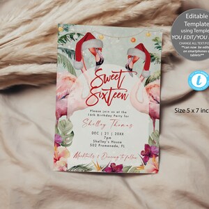 flamingo santa sweet 16 birthday printable, editable flamingo invitation, sweet 16  christmas party invitation template, 5x7, Templett,