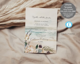 beach background with tropical florals wedding invitation, tropical florals wedding invitation editable template, protea invitation,Templett