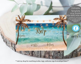 tropical beach rsvp card editable template, editable beach rsvp card template, beach rsvp card printable, templett,  5x3.5