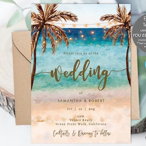 Editable beach wedding invitation, beach wedding invitation editable template, tropical wedding invitation printables, you edit, Templett