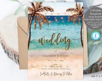 Editable beach wedding invitation, beach wedding invitation editable template, tropical wedding invitation printables, you edit, Templett