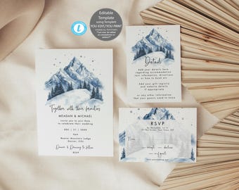 May include: A wedding invitation suite featuring a watercolour mountain landscape with blue peaks and pine trees. The set includes a main invitation, a details card, and an RSVP card, all printed with black text on white paper with snowy accents.