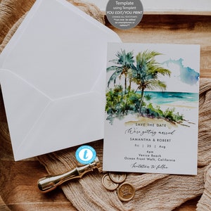 tropical beach save the date printable, editable beach save the date template, beach Save the Date template editable, 5 x 7, Templett