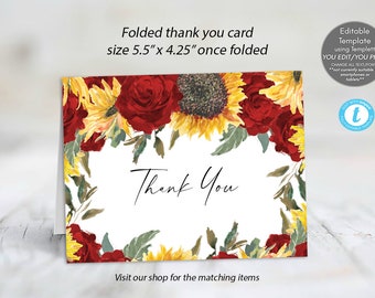 Sonnenblumen rote Rosen gefaltete Dankeskarte editierbare Vorlage, druckbare Sonnenblumen rot floral bearbeitbare Dankeskarte, Templett, 5,5 x 4,25