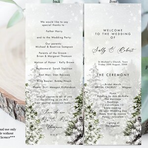 May include: A double-sided wedding program template with a wintery forest scene. The front features the text "Welcome to the Wedding of Sally & Robert" and the back includes the order of the ceremony and a list of wedding party members. The template is editable and printable, measuring 3.65 inches by 9 inches.