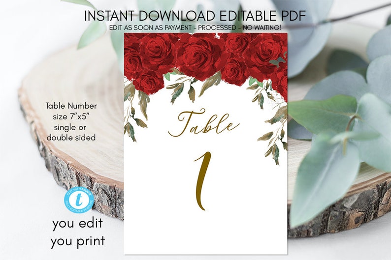 Wedding Table Numbers Table Numbers Printable Red Roses - Etsy