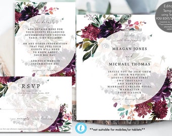 plum floral wedding invitation template, editable wedding invitation set, printable wedding invitations, square invitation, templett, 5x5