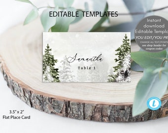 winter wonderland wedding place cards, editable name card template, holiday name cards, templett, winter wedding, rustic, 3.5x2"