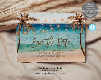 Save the Date-Einladung für eine Hochzeit am tropischen Strand (Vorlage für eine Einladung zum Destination Wedding, digitaler Download)