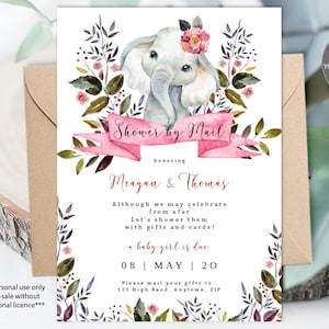 ducha por plantilla de invitación de correo, invitación de baby shower virtual, bebé imprimible invitación elefante bebé baby shower, es una niña, rosa, Templett
