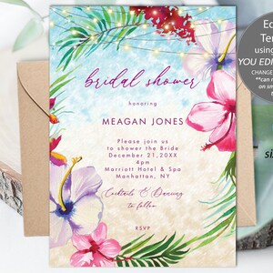 May include: A tropical-themed bridal shower invitation with watercolor hibiscus flowers, palm leaves, and string lights. The invitation reads "bridal shower honoring Meagan Jones" and includes the date, time, and location of the event. The text "Editable Template using Templett YOU EDIT/YOU PRINT" is also included.