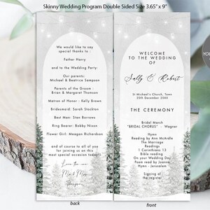 Op de afbeelding: Een dubbelzijdig trouwprogramma, 9,27 cm x 22,86 cm, met een winterthema. De voorkant verwelkomt gasten op de bruiloft van Sally & Robert, met ceremoniedetails. De achterkant bevat een bedankbericht en details van de bruiloftsgroep.