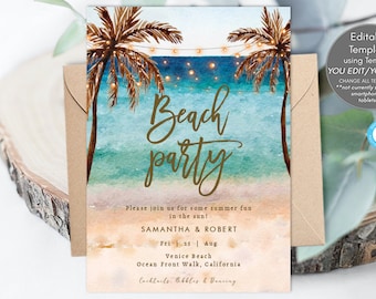 Beach party invitation editable template, editable beach invitation template, beach invitation printable, boho beach,5x7, Templett, you edit