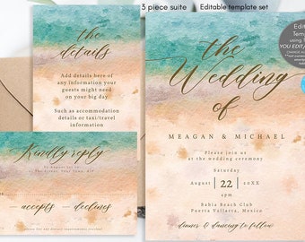 Beach wedding invitation set printable, beach wedding invitation editable, tropical wedding invitation set, summer wedding, templett, 5x7