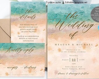 Conjunto de invitaciones de boda con temática de playa tropical, plantilla editable (descarga digital)