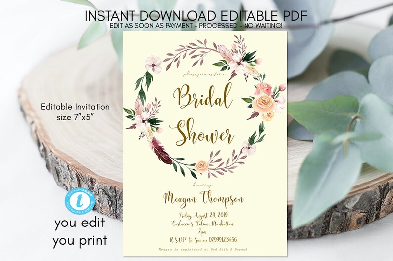 floral wreath bridal shower,printable bridal shower invitation editable bridal shower invitation template templett boho bridal shower
