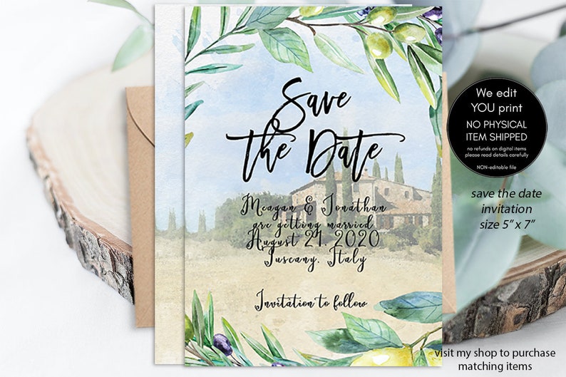 Italy Save the Date printable invitation Tuscan hillside we edit YOU PRINT olives Tuscany watercolour save the date 5 x 7 lemon