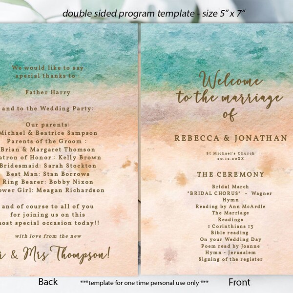 programme de mariage de plage imprimable, modèle de programme de mariage de plage modifiable, programme de mariage modifiable, mariage de plage, templett, 5x7, vous éditez