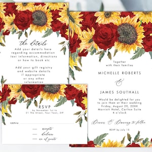 Conjunto de plantillas editables para invitaciones de boda con rosas rojas y girasoles, conjunto de invitaciones de boda imprimibles, invitación floral roja y amarilla, plantilla