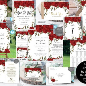 red roses wedding template bundle, printable wedding invitation set, editable wedding invitation template set, templett, 14 piece, 50% off