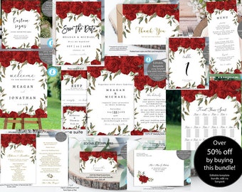 red roses wedding template bundle, printable wedding invitation set, editable wedding invitation template set, templett, 14 piece, 50% off