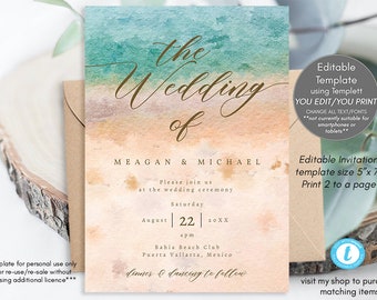 Beach wedding invitation printable, beach wedding invitation editable, tropical wedding invitation, summer wedding invitation, templett, 5x7
