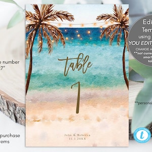 modello modificabile con numeri dei tavoli da spiaggia, numeri dei tavoli per matrimoni tropicali, Templett, modello modificabile, matrimonio sulla spiaggia, 5x7, modificabile