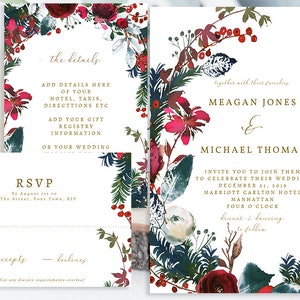 winter wedding invitation set templates, christmas wedding invitation printable, christmas invitation template, winter florals, templett