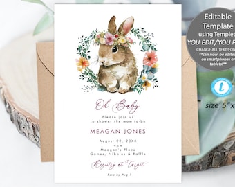 spring bunny baby shower invitation template, bunny rabbit baby shower invitation, printable spring floral baby shower invitation, templett