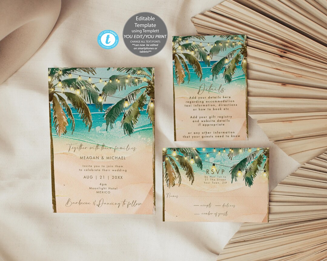 Editable Beach Wedding Invitation Set, Beach Wedding Invitation ...