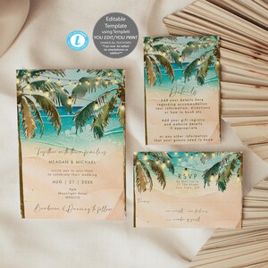 Editable beach wedding invitation set, beach wedding invitation template set, tropical wedding invitation printables, you edit, Templett